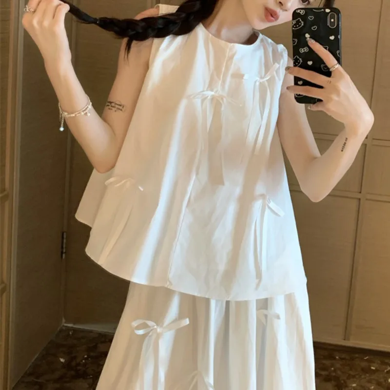 女性のための弓付きの白いドレスのセット,ノースリーブのトップ,ルーズ,シック,韓国スタイル,ハイウエスト,学生服,夏