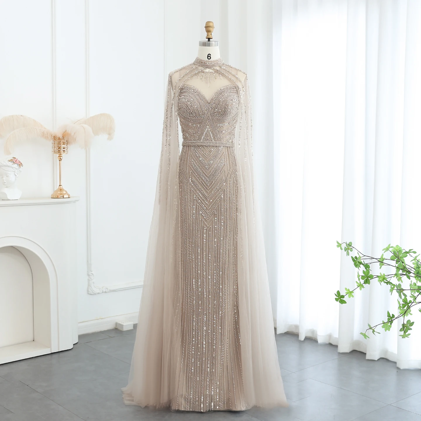 

Sharon Said Luxury Mermaid Evening Dress with Cape Sleeve High Neck Sage Green Women Long Wedding Party Gowns SS164 Customized