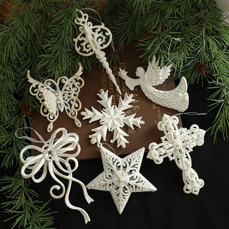 

2025 Christmas Tree Pendants Snowflake White Angel Wing Hanging Ornament New Year Navidad Party Window Wall Home Room Decor