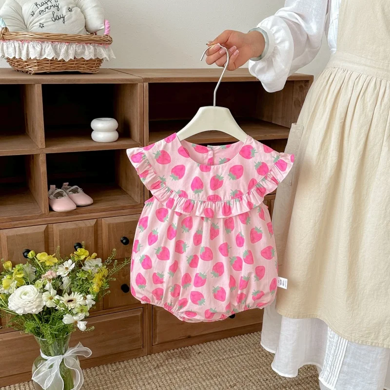 2026 Summer 3M-2Y Newborns Bodysuit Breathable Infant Romper Strawberry Pattern  Jumpsuit Cute Baby Girl Clothes 