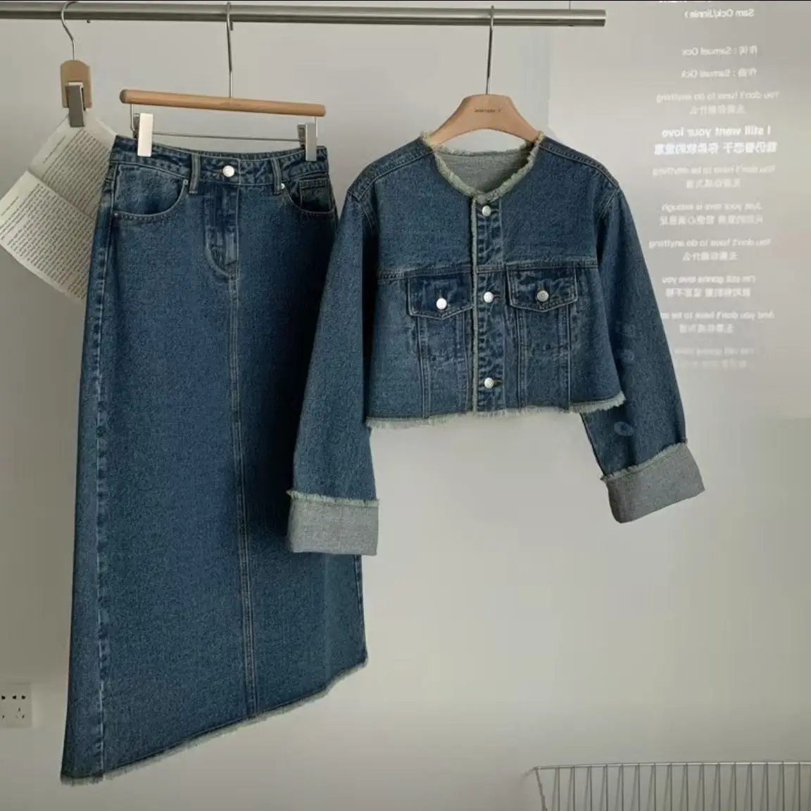 retro fringed denim suit for women in spring, new  denim jacket, mid length skirt two-piece set  ensembles de jupes