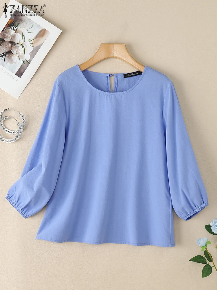 ZANZEA หลวมสบายๆ 3/4 Sleeve Blusas Mujer วันสวมใส่ 2025 ฤดูร้อน Breathable ผู้หญิงทุกวัน O-คอผ้าฝ้ายสีทึบเสื้อ
