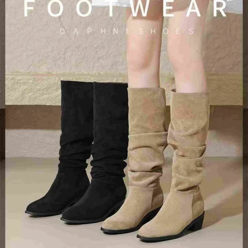 كعب مكتنز ريترو فوق الركبة مطوي أحذية النساء أحذية عالية أنبوب الموضة #3