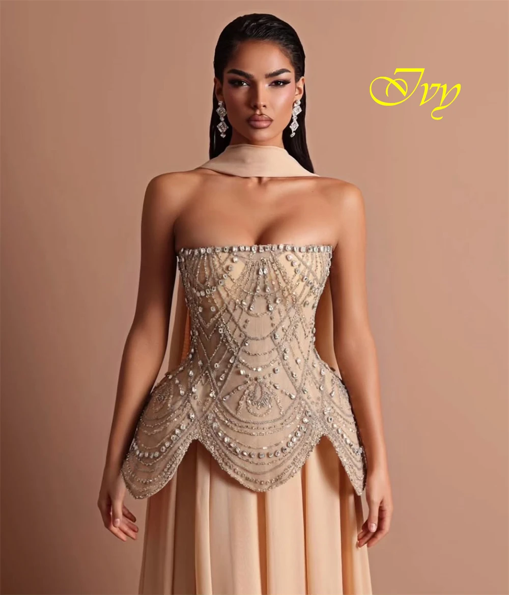 Customized Fashion  Strapless Sleeveless Evening Dress High Quality Chiffon Prom Dresses Delicate Crystal Special Occasion Gowns