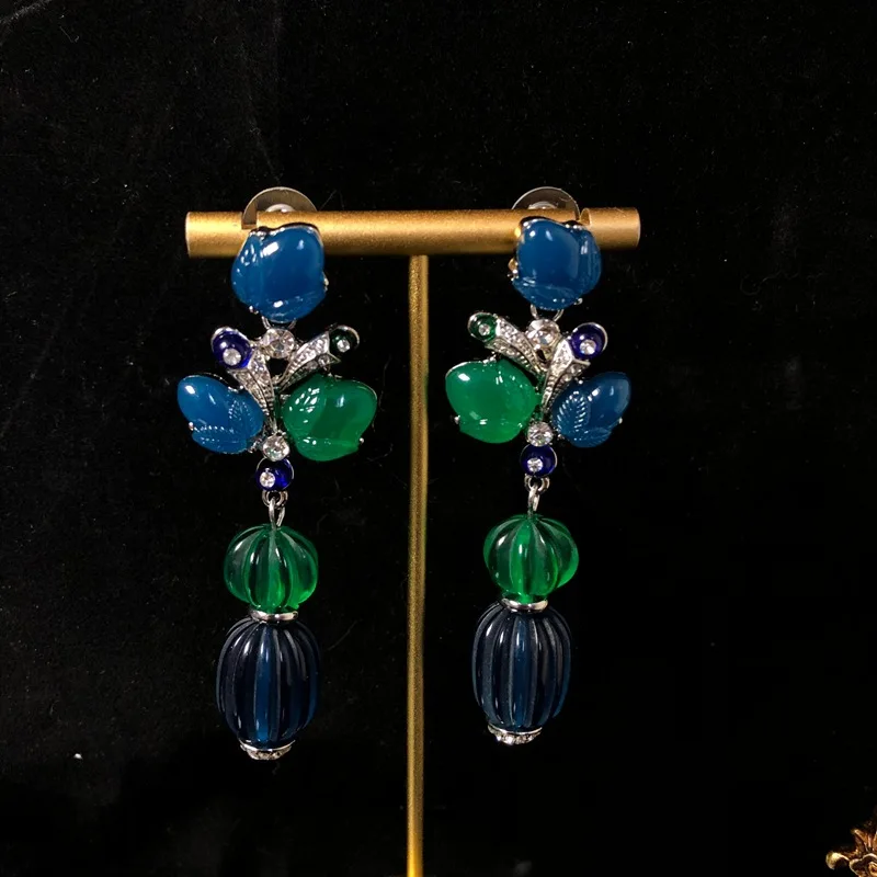 

Retro Blue Pumpkin Green Lanten Shaped Pendant Simple Design Earrings Elegant Temperament Versatile Dangle Earrings