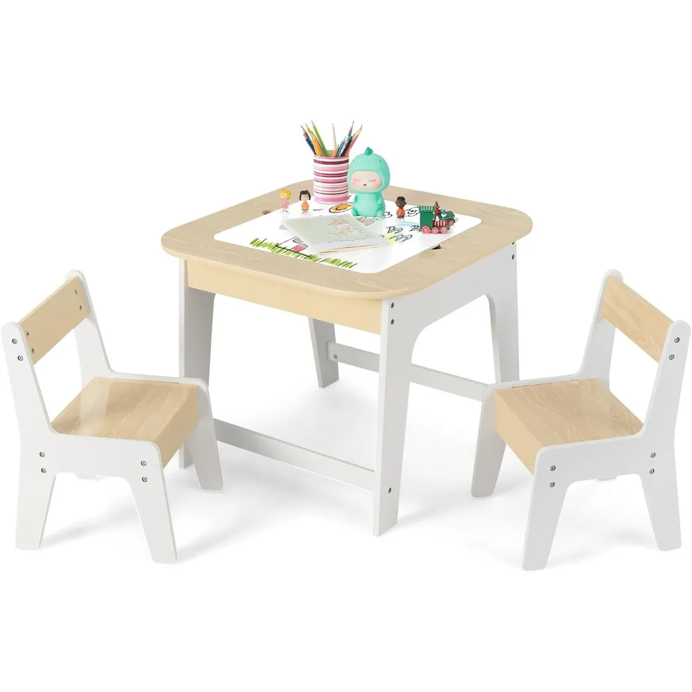 Kids Table and Chair Set, 3-in-1 Children Wooden Activity Table and 2 Chairs for Art Craft, Reversible Blackboard, 3 PCS Toddler