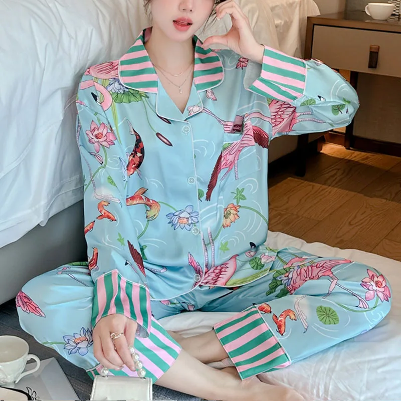 Large Size Sleepwear Striped Lapel Splicing Sexy Nightwear Women Flame Bird Flowers Long-Sleeved Silk Pajamas Ladies Home Wear