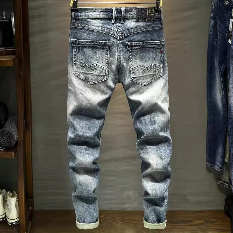 Fashion Vintage Men Jeans Retro Washed Blue Stretch Slim Fit Patched Ripped Jeans Men Embroidery Designer Hip Hop Denim Pants
