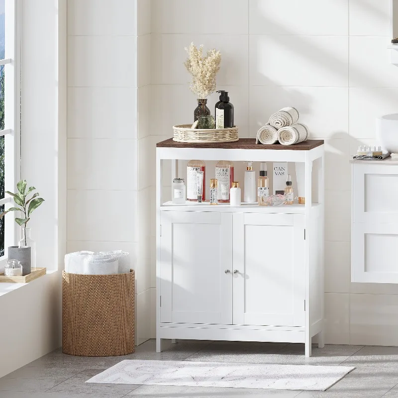 White Multi Purpose Corner Storage Cabinet Double Doors Adjustable Shelf Natural Wood Top Free Standing for Living Room Bathroom