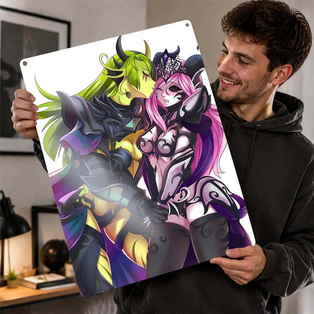 Anime-style Embrace of Two Female Characters Personalized 3D Textured Metal Poster Wall Art Vintage Tin Signs for Wand Deko Sign