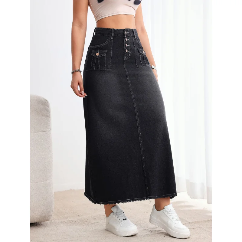 SkirtSkirtSkirtskirt American Style Retro Washed Denim Skirt Distressed Loose Women'S Fashionable Multi-Button Mid-High Waidress