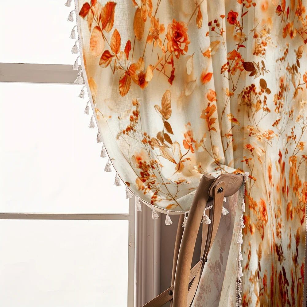 1PC Floral Tassel Sheer Curtains, Warm Tone Floral Branch Garden Pattern, Digital Print, Linen Polyester, Farmhouse Decor