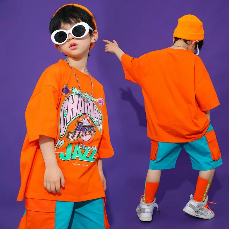 Boys Hip Hop T Shirt Girls Loose Cargo Shorts Clothing Sets Kid Summer Cartoons Print Cool Tee Street Dance Jazz Child Costumes