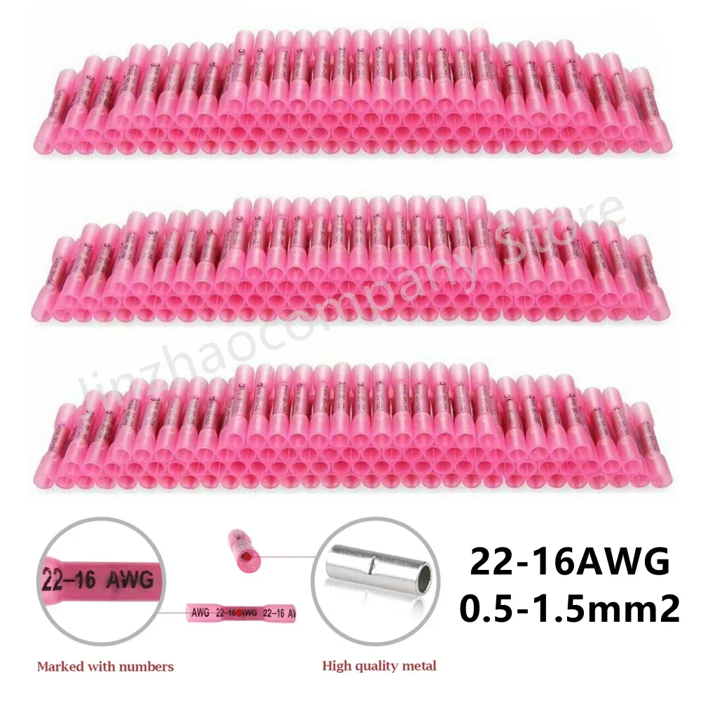 100/500/1000PCS BHT1.25 Red Heat Shrink Butt Wire Connectors 22-16 AWG Insulated Waterproof Crimp Terminals Butt Splices