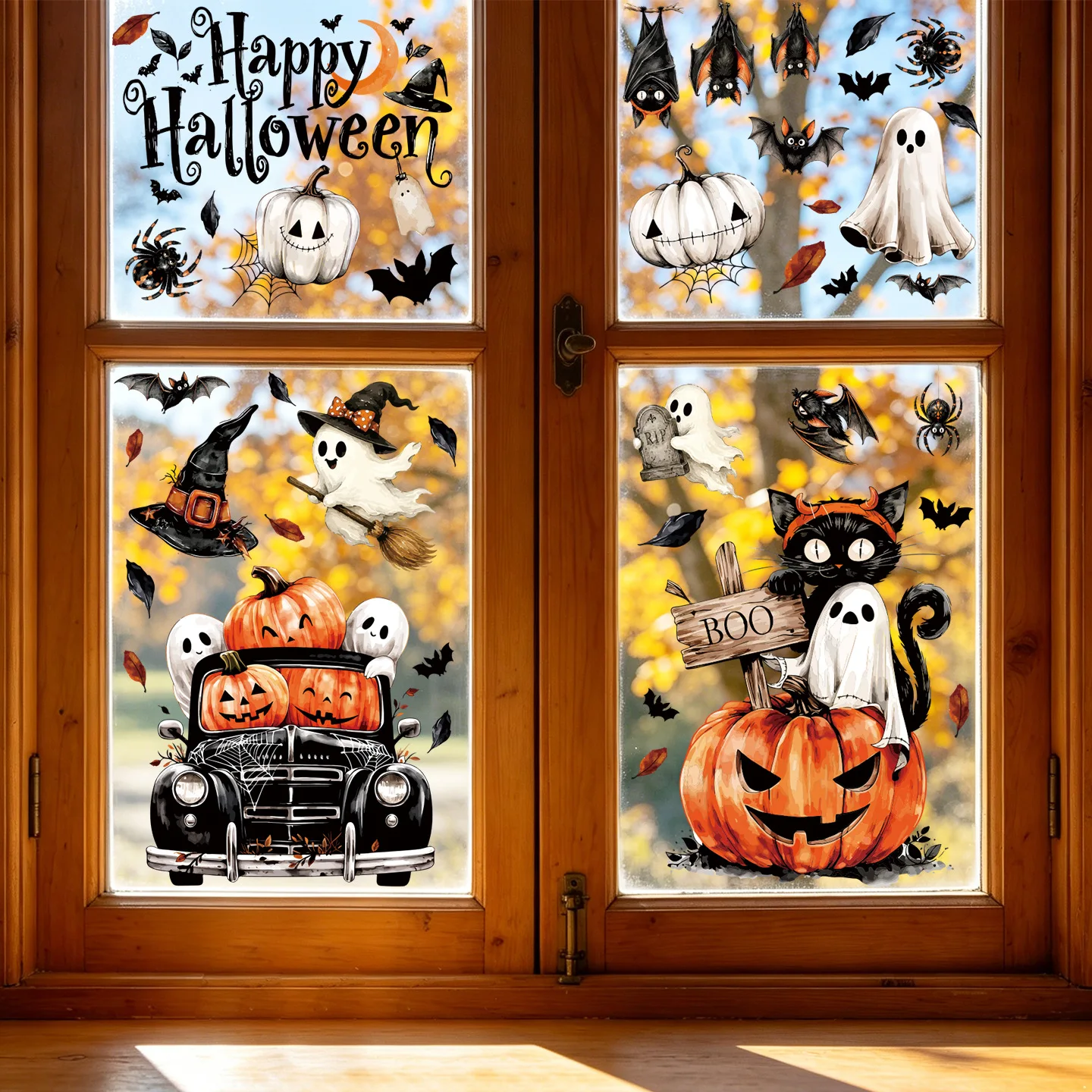 Halloween Pumpkin Static Stickers for Glass Window Decals Cartoon Black Cat Jack-o-lantern Bat Ghost Decor Party Decoration