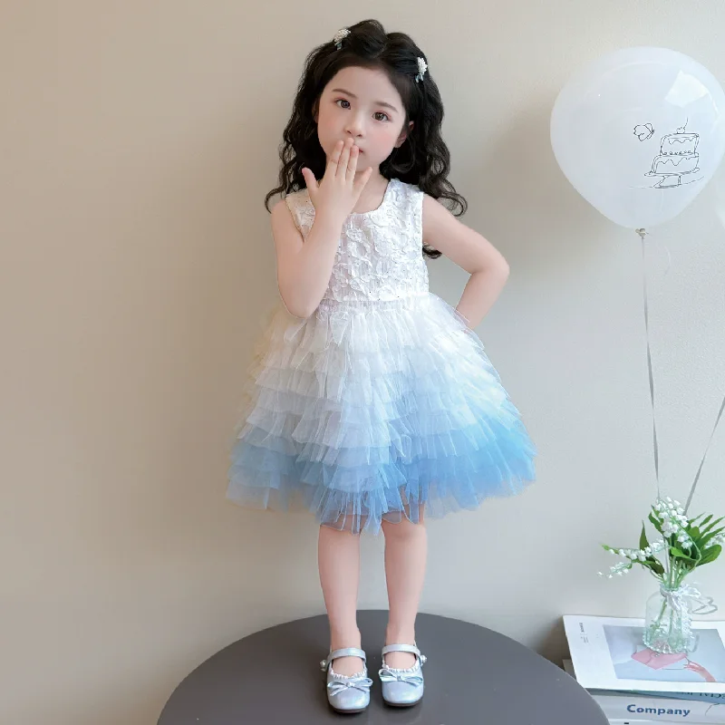 Girls Gradient Color Dress Kids Tulle Princess Dress New Sweet Fashion Sleeveless Puffy Dress Children Birthday Party Gown Ball
