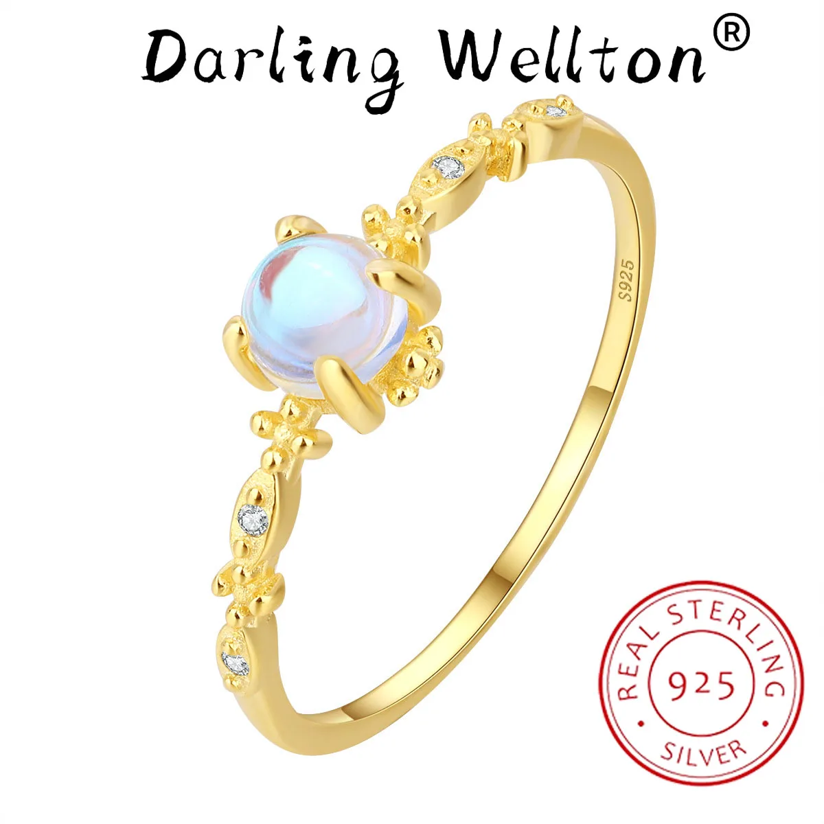 

Exquisite 18K Gold Four Claw Round Moonstone Full Diamond Couple Ring For Women Sterling Silver Valentine's Day Gift Jewelry