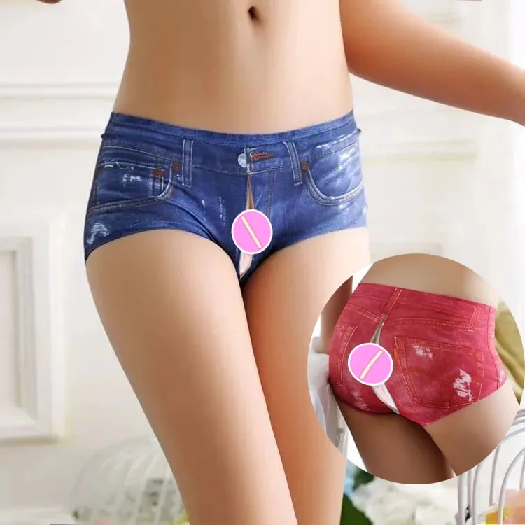 

Outdoor Open Crotch Sex Sexy Imitation Denim Panties Women's Underwear Close-Fitting Body Shaping Ladies Seamless Boxer Briefs