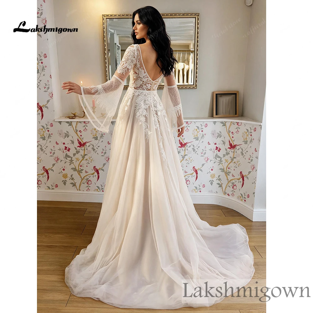 Lakshmigown Spitzen-Boho-Hochzeitskleid Glockenärmel Tiefer V-Ausschnitt Illusionsrücken A-Linie Tüll-Brautkleid Schleppe Maßanfertigung – Detail 6
