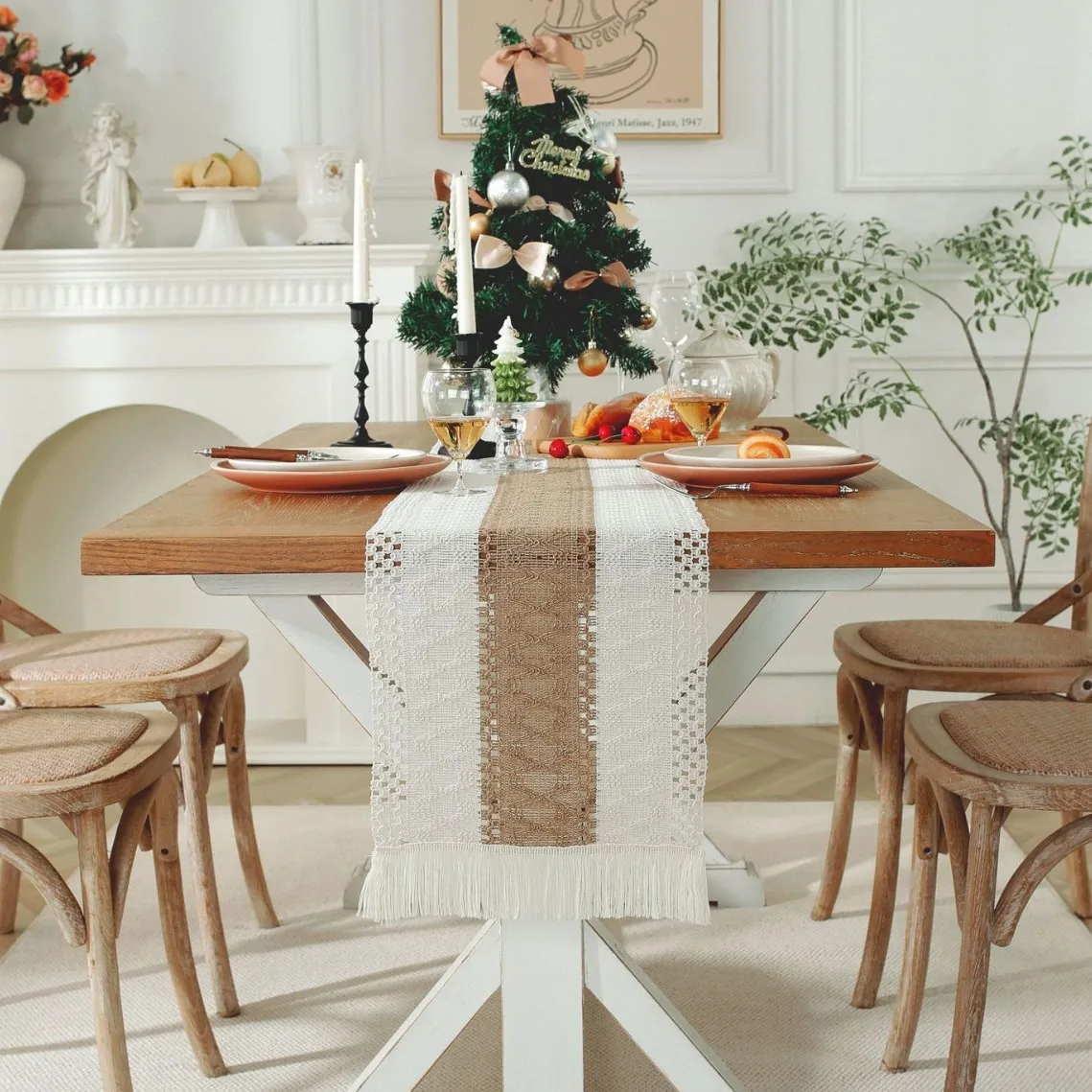Boho Table Runner for Home Decor Macrame Cream & Brown Farmh