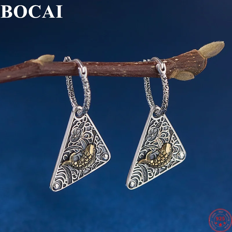 

BOCAI S925 Sterling Silver Charms Clip Earrings for Women Men New Fashion Emboss Eternal Rattan Carp Ear-clips Free Shipping