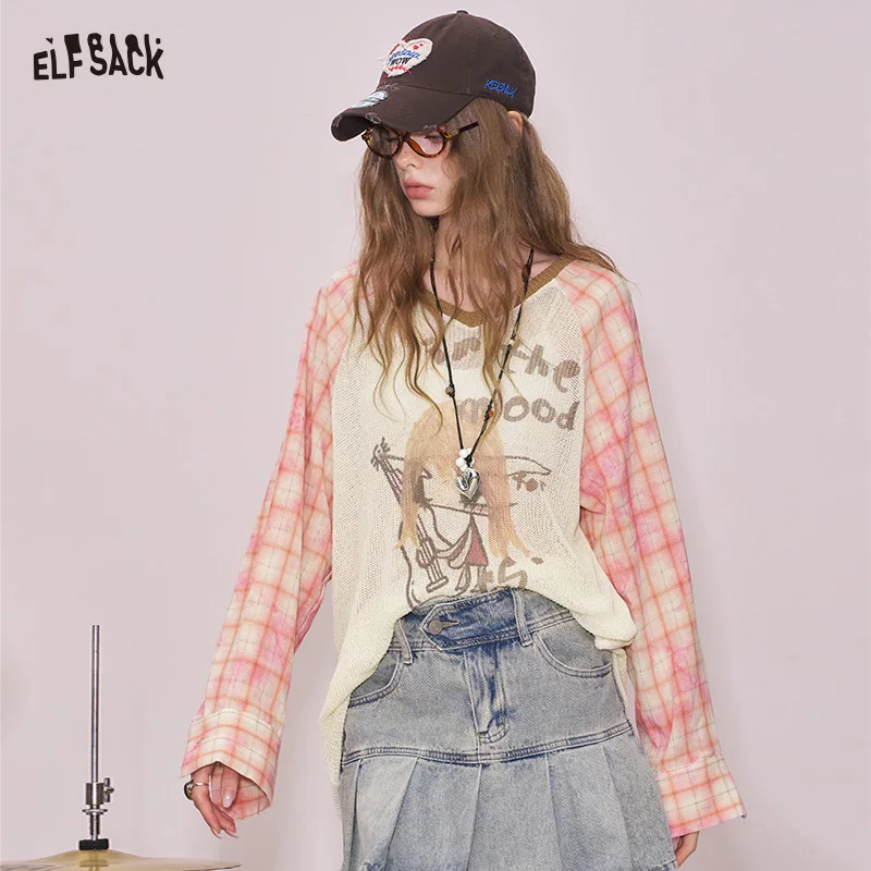 ELFSACK 2025 Summer New Arrival Plaid Patchwork Print V-Neck Knit Top Lagenlook Lazy Style Designer Cover-Up For Woman