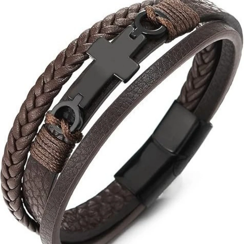 New Design Vintage Leather Bracelet Hand-woven Alloy Bangle Personalized Magnetic Clasp Jewelry Accessory for Men Daily Wear