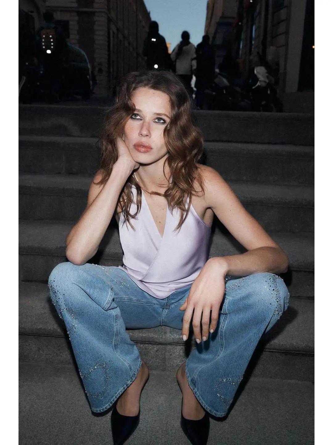 Low Waist Sequin Long Wide Leg Casual Fashion Spring Denim Jeans Ladies Straight Cut No Brand Polyester Fiber Button Closure