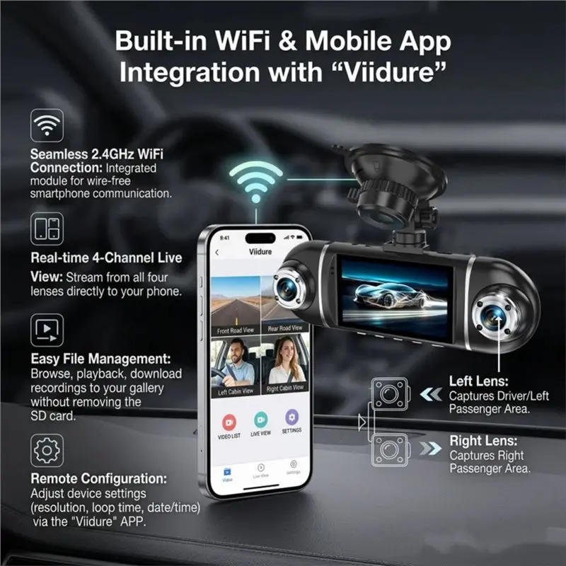 For Car 4 Channel Dash Cam For Driver Recorder 1080P Camera Lens Video WIFI APP DVR Rear View Camera