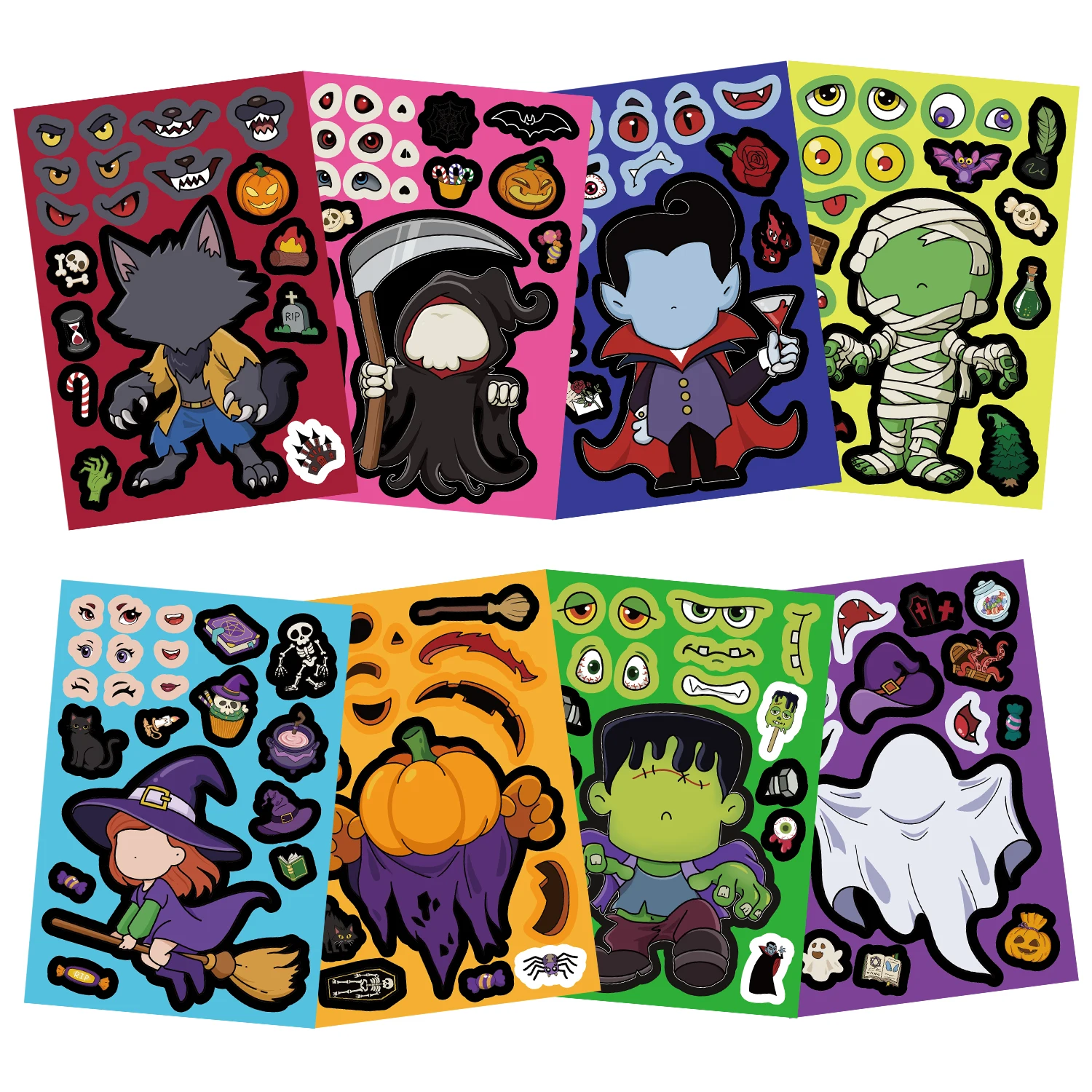 32 Blatt Halloween Make a Face Puzzle PVC Aufkleber Kinder Partybevorzugungen Geschenk Spielzeug DIY Kürbis Geist Montieren Puzzle Lernspiel – Detail 5