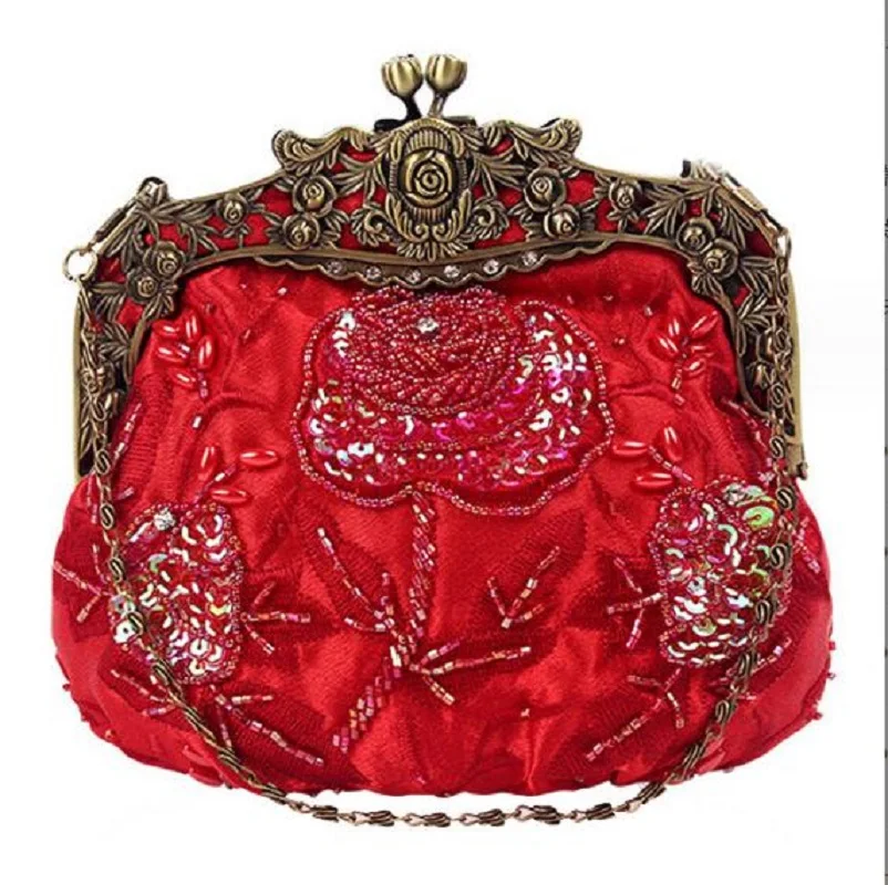 Hot Sale Women's New Fashion Cosmetic Bag Satin Clutch Bags Purse Handmade Embroidered Beaded Evening Party Chains Shoulder Bag