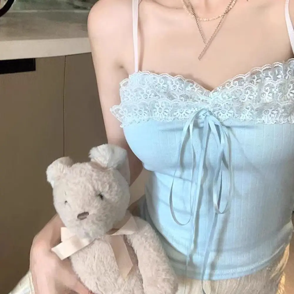 Korean Style Bow Slim Lace Crop Top Bottoming Shirt Sweet Girl's Vest Top Summer Spice Girls Style Camisole with Pads Women