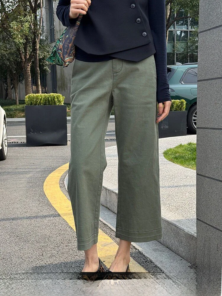 

Military Green Wide Leg Pants Women's Style Nine Points Casual Straight Workwear Trousers Autumn Fashion Commute Cotton Blend