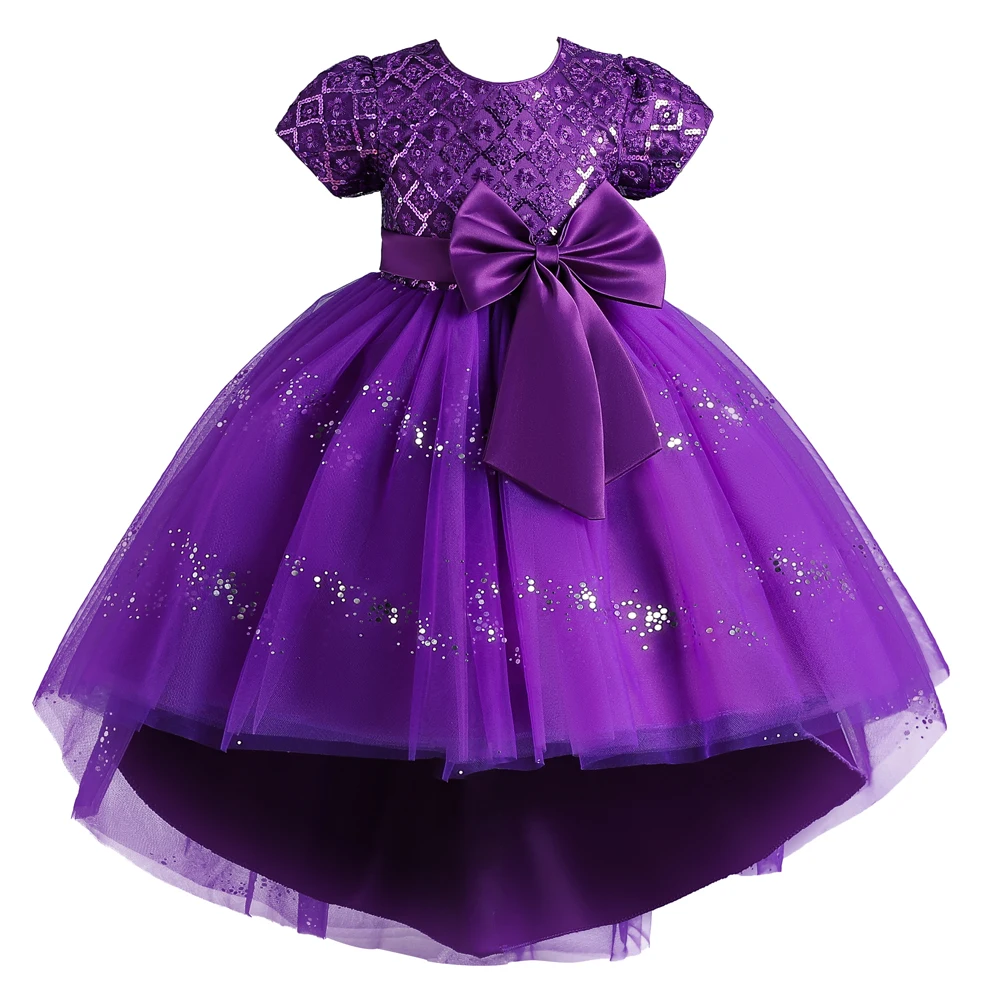 New Purple Girls\' 3-12 anni girocollo Trail Party Dress paillettes Bubble Sleeves Princess Dress adatto per bambini