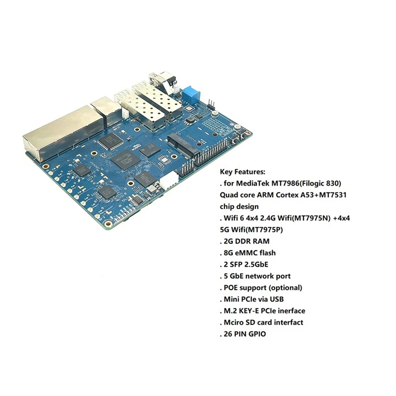 For Banana PI BPI R3+Case+Geat Sink+Antennas+Power MT7986 2G+8G EMMC 2 SFP 2.5Gbe 5Gbe Router Development Board Blue Set US Plug