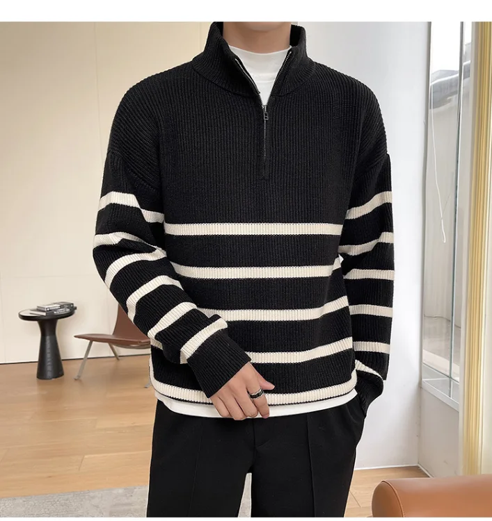 Men's Striped Mock Neck Pullover Sweater With Zipper Casual Daily Wear Autumn Winter Style
