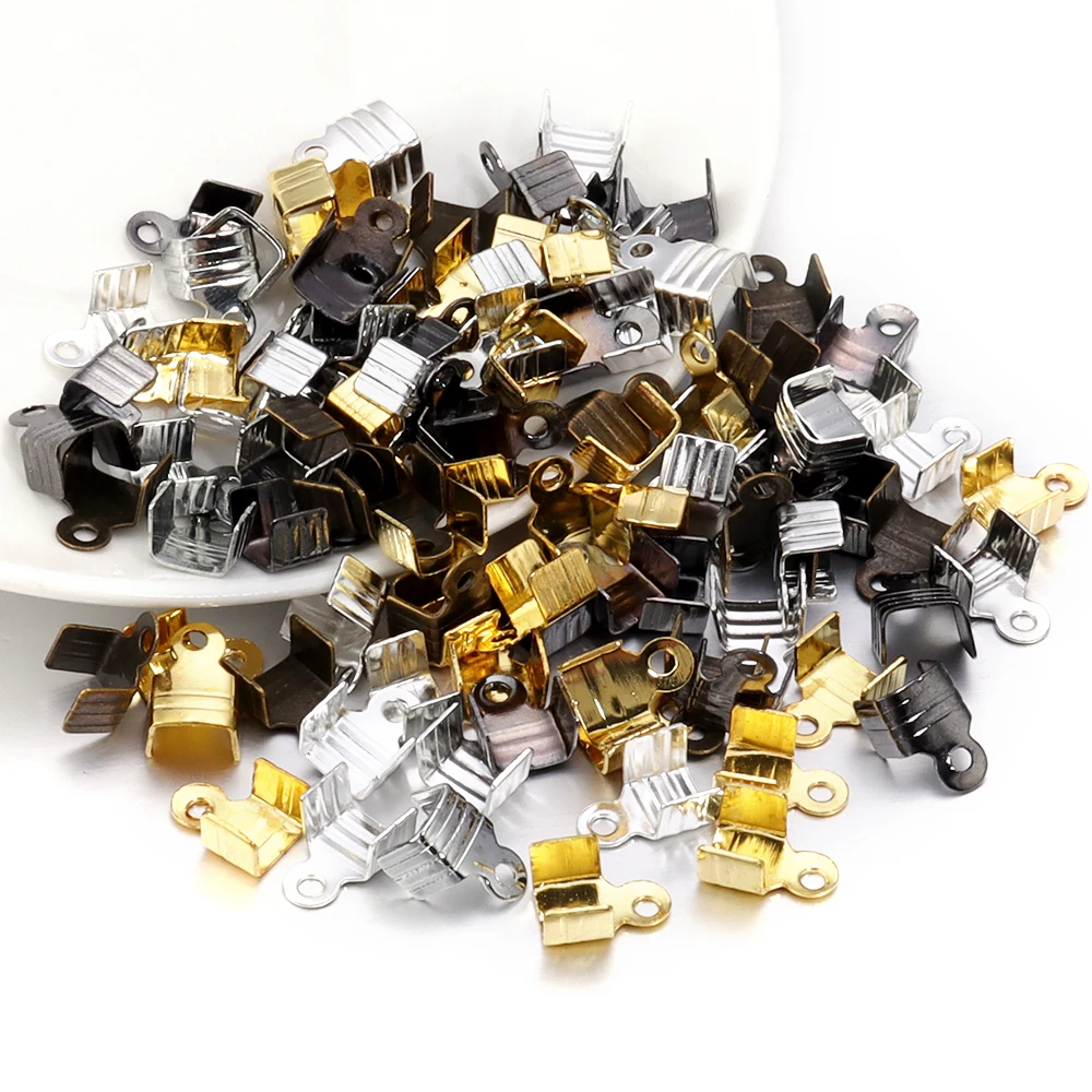 200pcs 6 7 8 10mm Trilinear Crimp Beads Cove Clasps Cord End Caps String Ribbon leather Clip Foldover For Necklace Connectors
