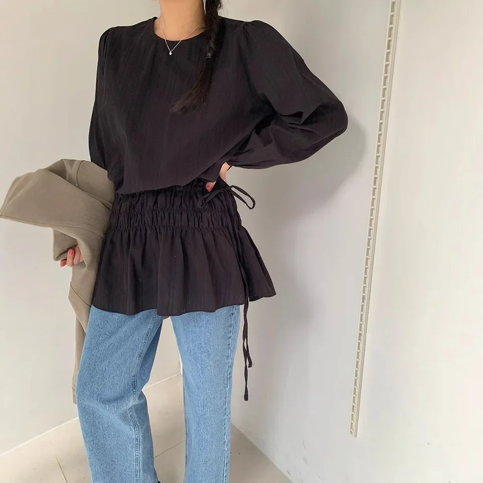 2026 Early Spring New Products Wear Round Neck Lace-up Waist Ruffle Thin Shirt Women