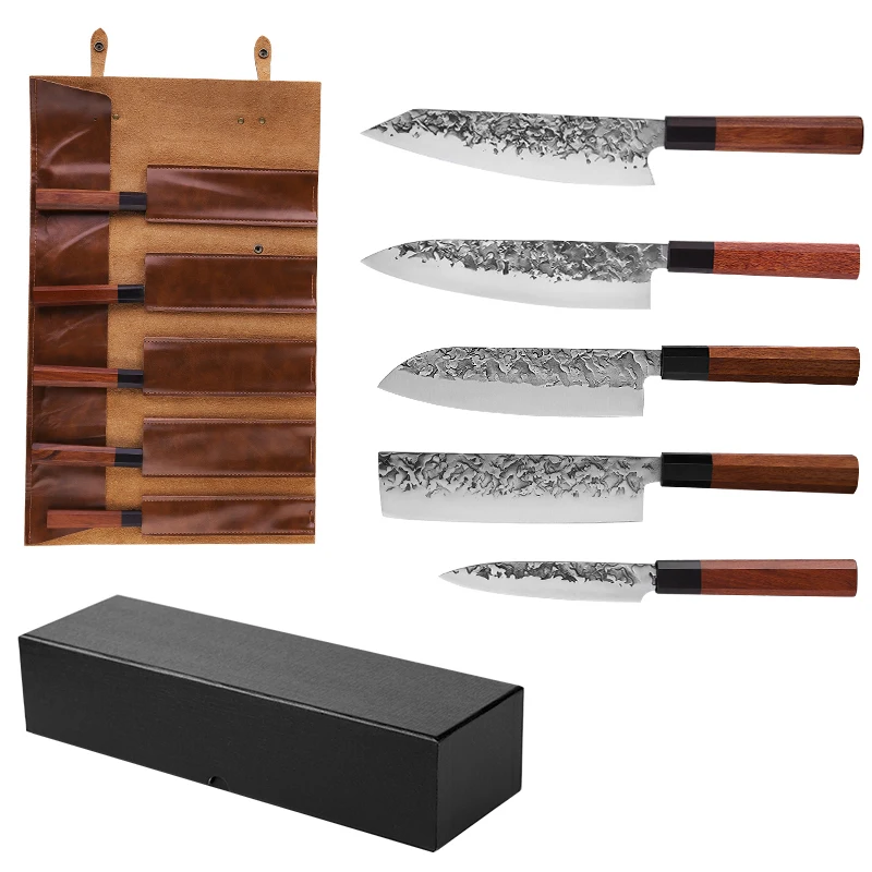 FINDKING 5Pcs Carbon Steel Kitchen Knife Set Bubinga Wood Handle Japanese Nakiri Santoku Utility Chef Knife Sets With Knife Bag