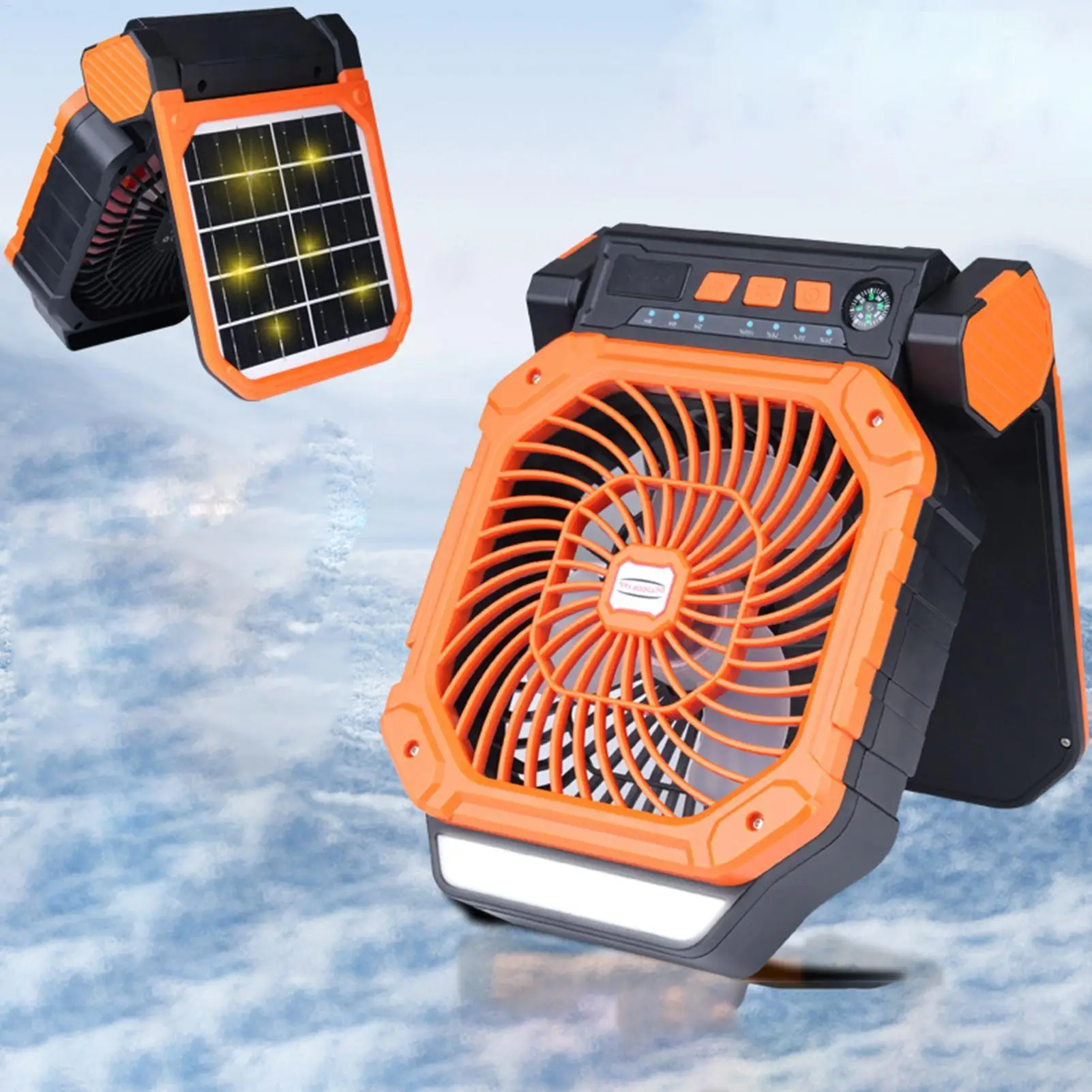 Solar-powered outdoor fan USB Charging Camping Fans 90-degree adjustable 4 fan speeds tent fan with timer function and compass