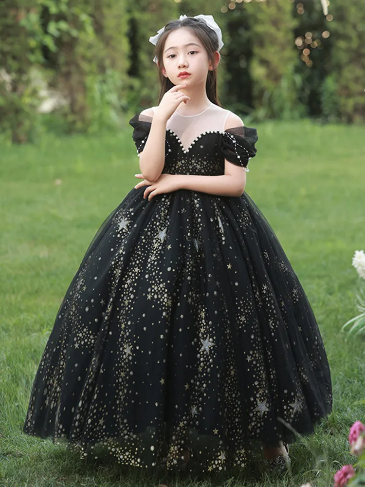 Black Evening Dresses for Kids Girl Elegant Gala Dress for Girls Children Beading Sequins Maxi Ball Gown Infants Hostess Costume