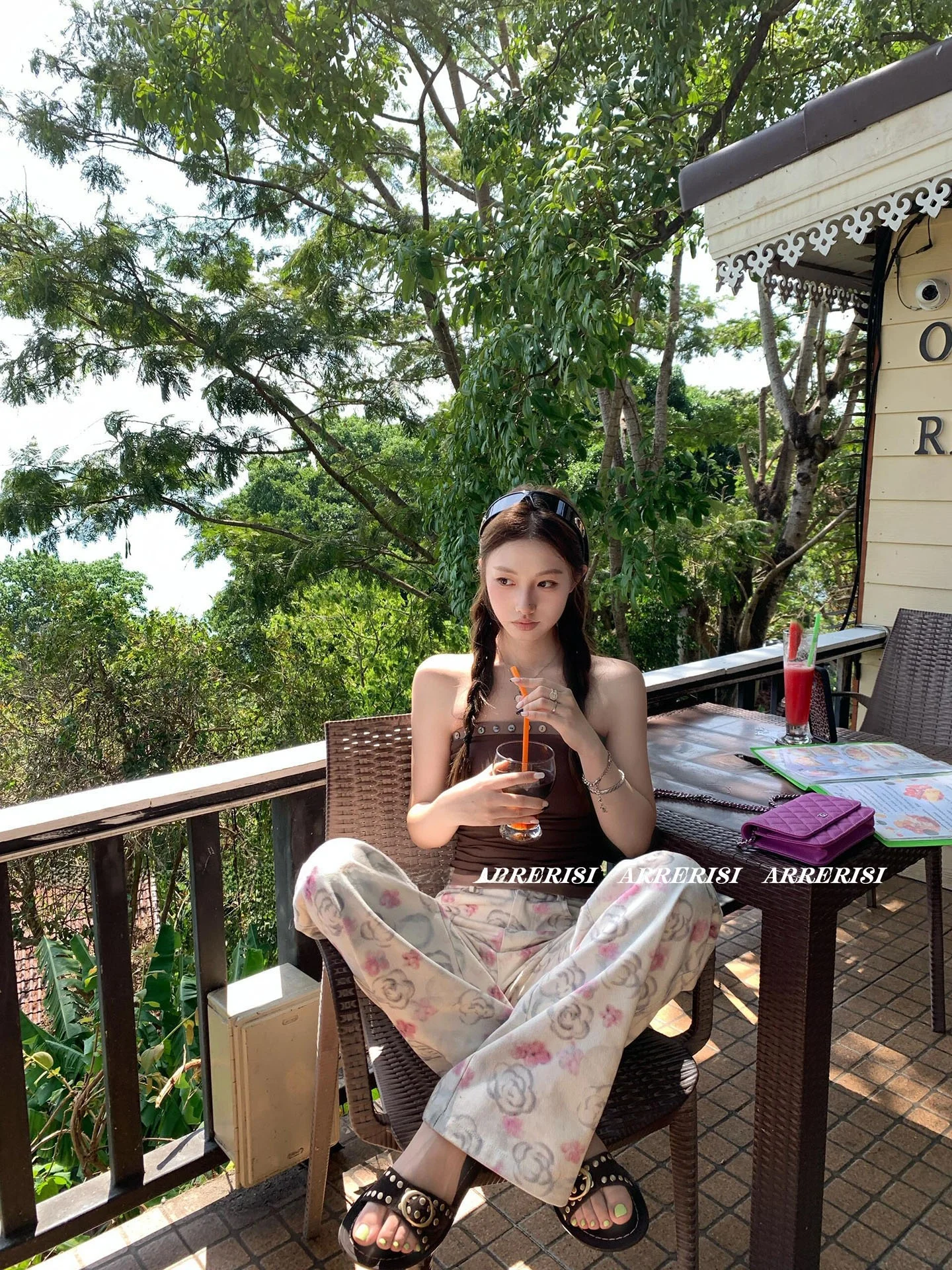 

Slimming High Waist Straight Leg Denim Jeans Women's New Style Tea Rose Print Loose Fit Wide Leg Pants Summer Fashion