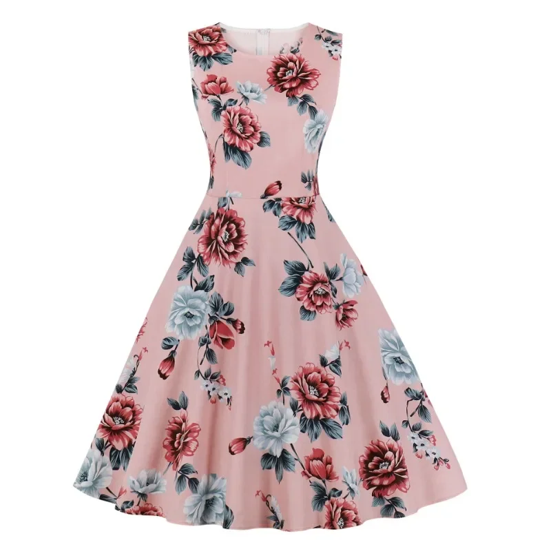 

2024 New Retro Floral Print Summer Dress Women 50s 60s Swing Rockabilly Dress Robe Femme Sleeveless Cotton Casual Party Vestidos