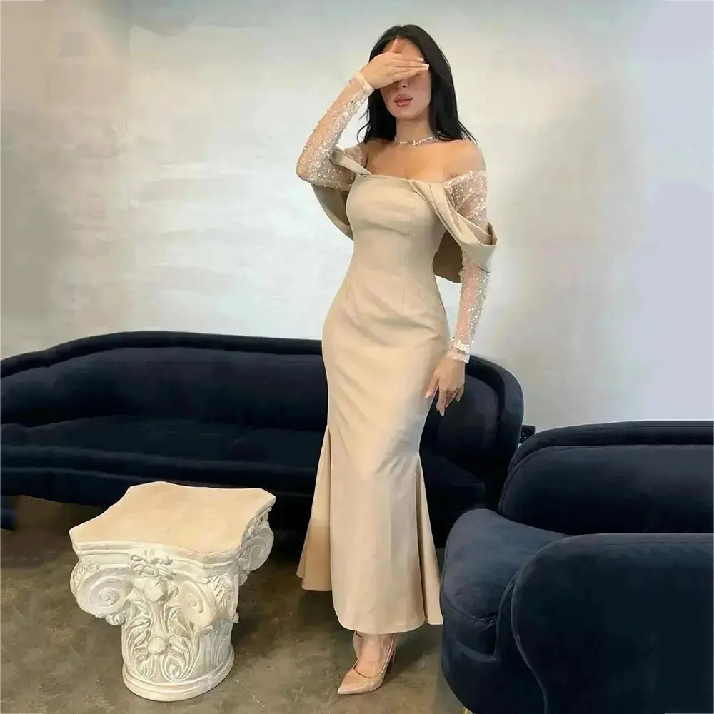 

Customized Simple Off The Shoulder Mermaid Women Evening Dresses Lace Beadings Full Sleeve Ankle-Length Prom Gowns فساتين للحفلا