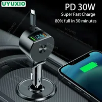 UYUXIO Multi Port USB C Car Charger Adapter PD 30W with Retractable Cable Super Fast with Voltage Display for Macbook iPhone