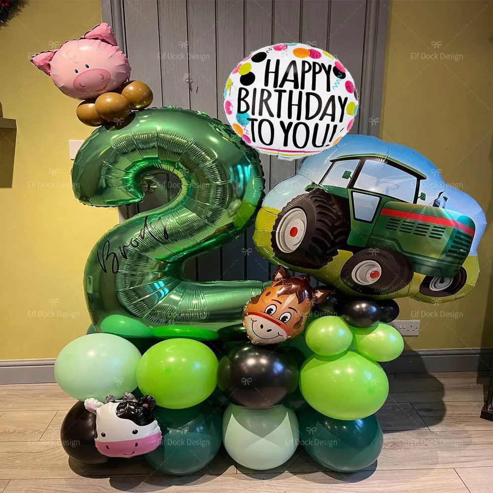1Set Bauernhof Grün Traktor Thema Cartoon Tiere Kuh Schwein Luftballons Grün 1-9 Anzahl Folienballon Alles Gute zum Geburtstag Party Decora Geschenke