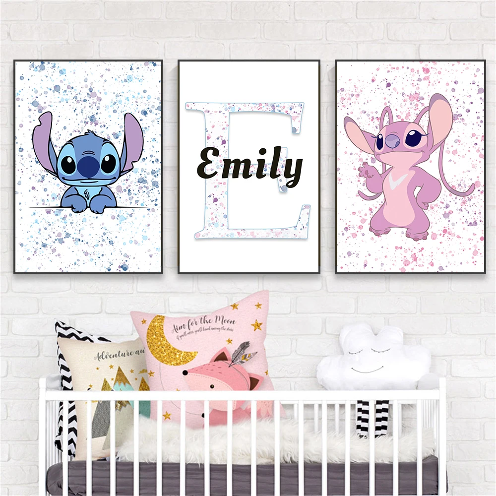 Custom Name Poster Disney Cartoon Stitch Print Poster Graffiti Splash Wall Art Lilo & Stitch Canvas Painting Kids Bedroom Decor