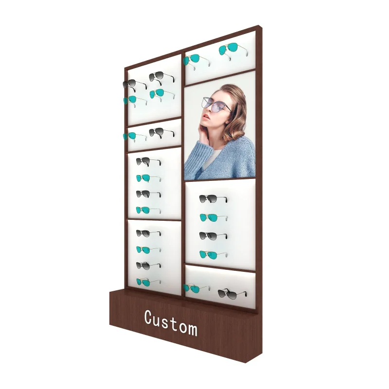 Custom optical lens clinic shop metal oak wooden metal floor wall acrylic sunglasses display stand