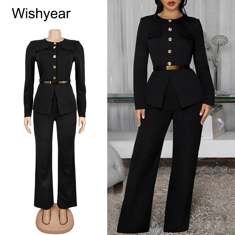 

Элегантный офисный костюм-двойка Wishyear для женщин: топ с длинным рукавом на одной пуговице и брюки с широкими штанинами, женский комплект