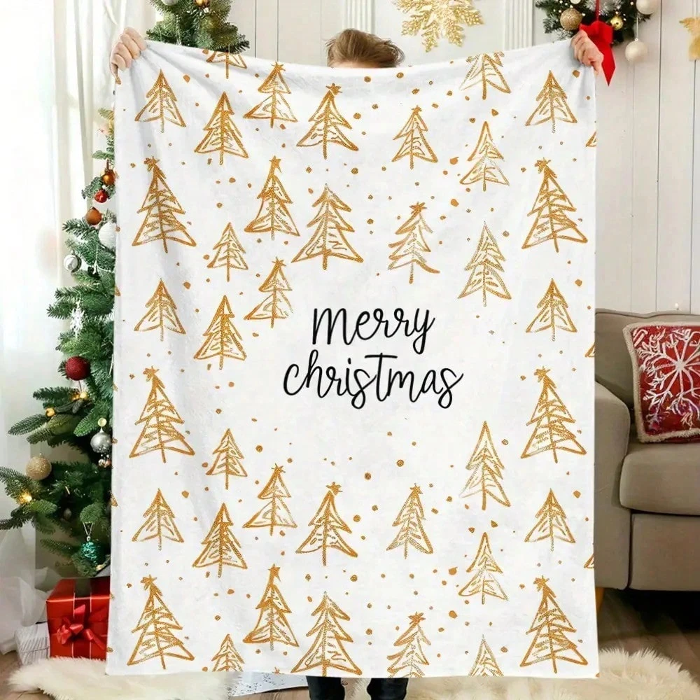 1pc Plaid Christmas Tree Merry Christmas Blanket, Flannel Material, 2D Flat Print, Multi-Season for Bedroom, Living Room